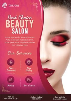 a flyer for a beauty salon with an image of a woman's face and red makeup