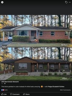 before and after pictures of a house in the same color scheme as well as an image of what it looks like