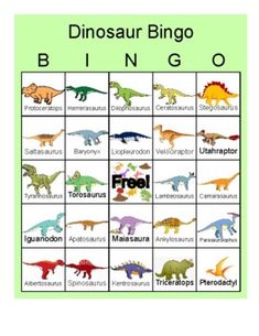 a dinosaur bingo game with different dinosaurs on it