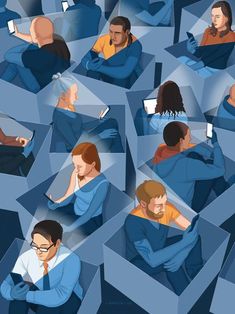 an image of people sitting in cubes using their cell phones and looking at them