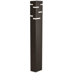 a tall black pole with two white lights on it's sides and one light at the end