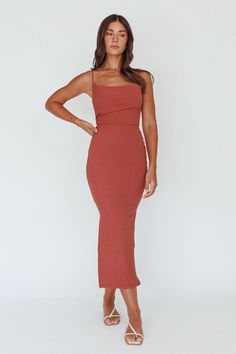 Frieda Cowl Neck Side Split Ribbed Midi Dress Rust by Selfie Leslie Selfie Leslie, Yellow Bridesmaids, Red Bridesmaids, Hugging Silhouette, Tan Heels, Ribbed Midi Dress, Rust Dress, Blue Bridesmaids, Iron Material