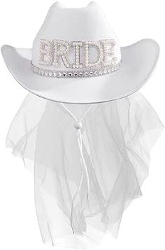 a white cowboy hat with the word bride on it's brimmed crown