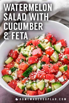 watermelon salad with cucumber and feta in a white bowl