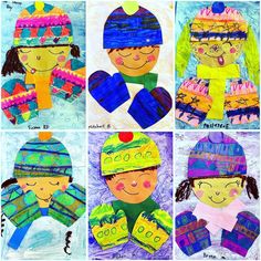 four different pictures of children's hats and mittens, one is made from crayons