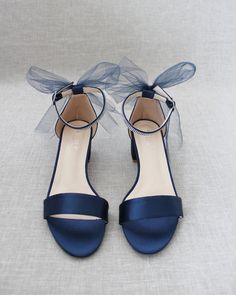 Navy Blue Satin Block Heel Sandals with Tulle Back Bow Homecoming Heels, Navy Blue Heels, Navy Heels, Tulle Bow, Flower Girl Shoes, Bridal Flats, Holiday Shoes, Tulle Bows, Satin Shoes