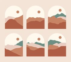 four different mountains with the sun in the sky and one mountain behind them, set of six