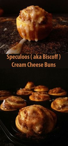 some food that is sitting on top of a pan and next to the words, speculoos aka biscoff cream cheese buns