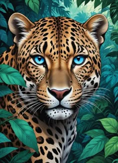 a painting of a leopard with blue eyes in front of green leaves and foliages