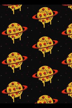 an image of pizza with toppings on it and saturn in the background, as well as stars