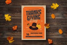 the thanksgiving giving day flyer with autumn leaves around it and an orange background that reads, ` ` thanks giving day southern park