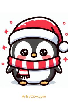 a penguin wearing a santa hat and scarf