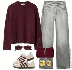 Maroon Sweater Outfit, Effortless Fall Fashion, Comfy Street Style, Burgundy Sweater Outfit, Fall Outfit Ideas Casual, Neutral Tone Outfits, Outfit Ideas Comfy, Grey Jeans Outfit, Bag Styling