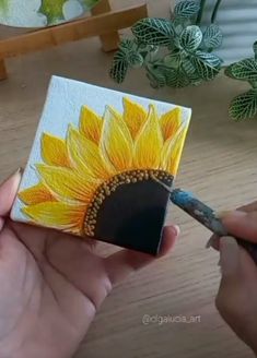 someone is painting a sunflower with acrylic paint