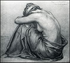 a black and white drawing of a woman sitting on the ground with her head in her hands