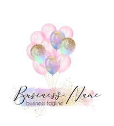 a bunch of pink and gold balloons with the words business name on it's side