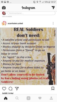 an instagram page with the caption real soldiers don't need to call