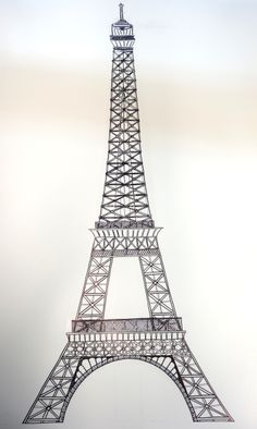 a drawing of the eiffel tower in black and white, against a gray background