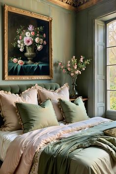 a bed with green sheets and pink flowers in a painting on the wall above it