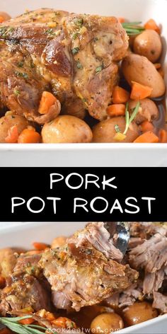 pork pot roast with potatoes and carrots in a white casserole dish on the side