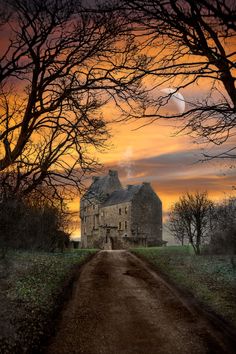 a dirt road leading to an old building with trees in the foreground at sunset