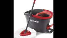 a mop and bucket with a red handle