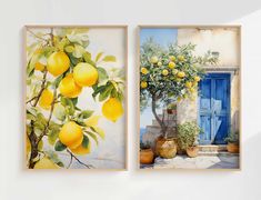 two paintings of lemons hanging on the wall