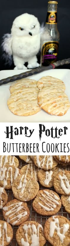 harry potter butterbeer cookies on a cooling rack with a stuffed animal in the background