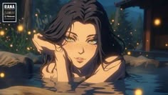 a woman in the water with her hand on her head and eyes open, surrounded by fireflies