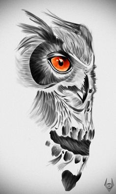 an owl with orange eyes is shown in black and white