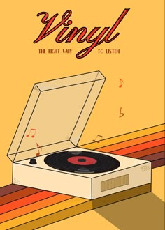 an old record player sitting on top of a wooden floor with the word vinyl in it