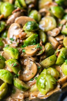 brussel sprouts with mushrooms and bacon in a sauce