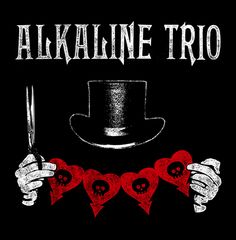 a black shirt with red hearts and a top hat on it that says alkaline trio