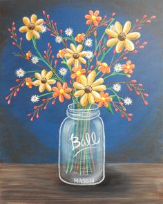 a painting of yellow and white flowers in a mason jar with the word bleu painted on it