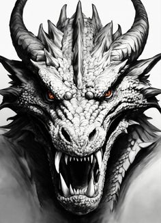 a drawing of a dragon with red eyes and sharp fangs on it's head