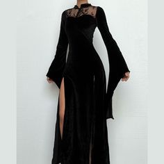 Please refer to our sizing chart for a guideline when choosing a size. 5 business days order processing time. 90% polyester 10% spandex. Gothic Winter Dress, Witchy Dresses Formal, Witchy Dresses, Victorian Gothic Dress, Black Long Sleeve Prom Dress, Long Sleeve Dress Black, Fall Ball, Flare Sleeve Dress, Prom Dress Inspiration