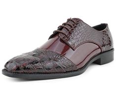 Featuring a fusion of classic design elements and modern, eye-catching accents, This men's Oxford dress shoe by Bolano is a must-have accessory for the dapper gentlemen. You'll always be ready for red carpet season when you finish your formalwear ensemble with distinctive details. This lace-up features a beautiful croco folded print cap toe; the crisscross design on the tip make these shoes truly unique and truly exotic so you can stand out in the crowd. Express your personal style with a select Burgundy Dress Shoes, Formal Dress Shoes, Dress Shoes For Men, Alligator Print, Dapper Gentleman, Lace Tie, Oxford Dress Shoes, Oxford Shoes Men, Find Color