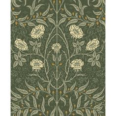 an intricately designed wallpaper with white flowers and leaves on dark green, gold - toned background