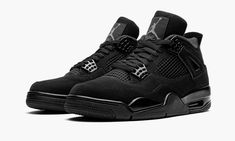 The Air Jordan 4 “Black Cat 2020” marks only the second release of the highly versatile colorway inspired by one of Michael Jordan’s many nicknames. The first version of the model was released back in Spring 2006 and is lauded by sneaker collectors and fans as one of the greatest non-original colorways of the Air Jordan 4. The upper of the “Black Cat” Jordan 4 features a matte black nubuck finish. The netting found on the model’s mid-panel and throat follows suit in with a stealthy appearance of Air Jordan 4 Retro Black, Air Jordan 4 Black Cat, Retro Jordans, Jordan 4 Black, Jordan Retro 4, Black Jordans, Jordan 4s, Jordan Shoes Retro, Exclusive Sneakers