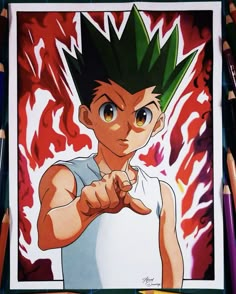 an anime character with green hair pointing to the side while surrounded by colored pencils