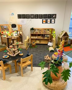 the children's playroom is filled with toys and wooden shelves, including bookshelves