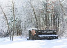 a sign that is in the snow near some trees and bushes with snow on it