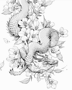 an ink drawing of two snakes and flowers