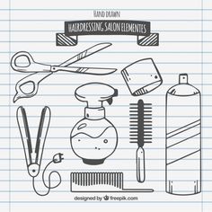 a notebook page with scissors, combs and other items