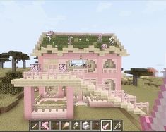 a pink house with lots of windows and plants on the roof, in minecraft