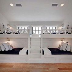 the bunk beds are all white and have pillows on them