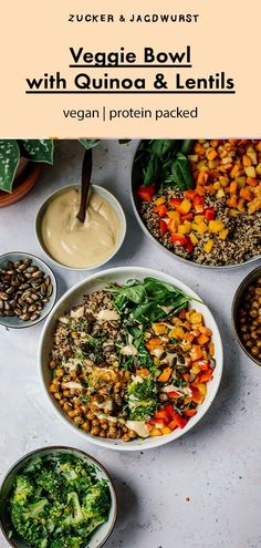 vegan bowls with quinoa and lentils in them on a white table