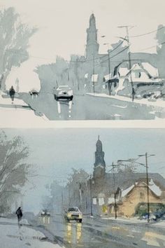 two paintings of people walking down the street in the snow and on the road with cars