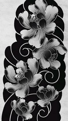 a drawing of flowers on a black and white background