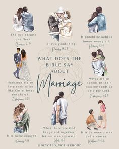 an illustrated poster with the words what does the bible say about marriage? and images of people hugging each other